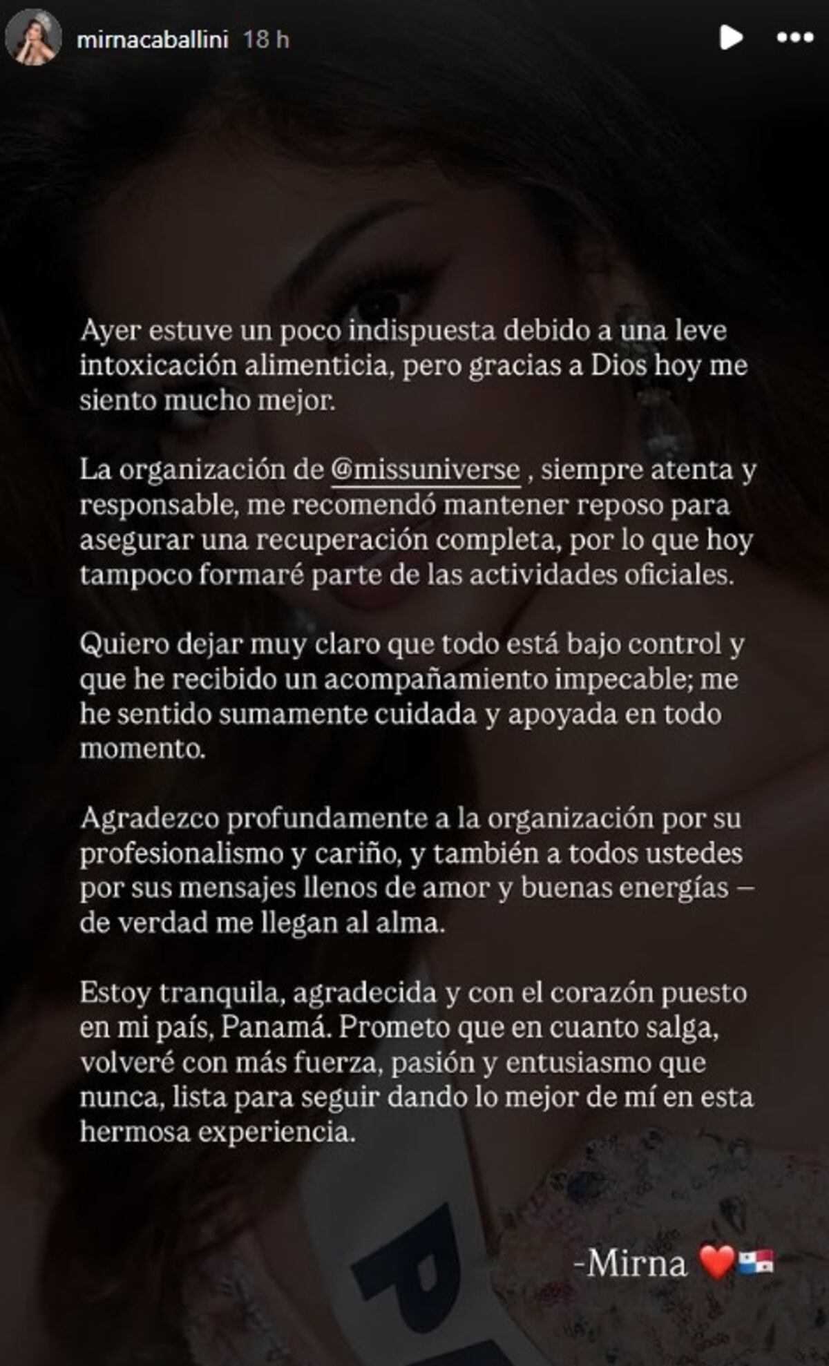 Miss Universe Panamá 2024, Mirna Caballini, indispuesta por intoxicación alimenticia en Miss Universo 