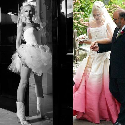 Gwen Stefani, la novia rockera en botas y vestido rosado en el altar