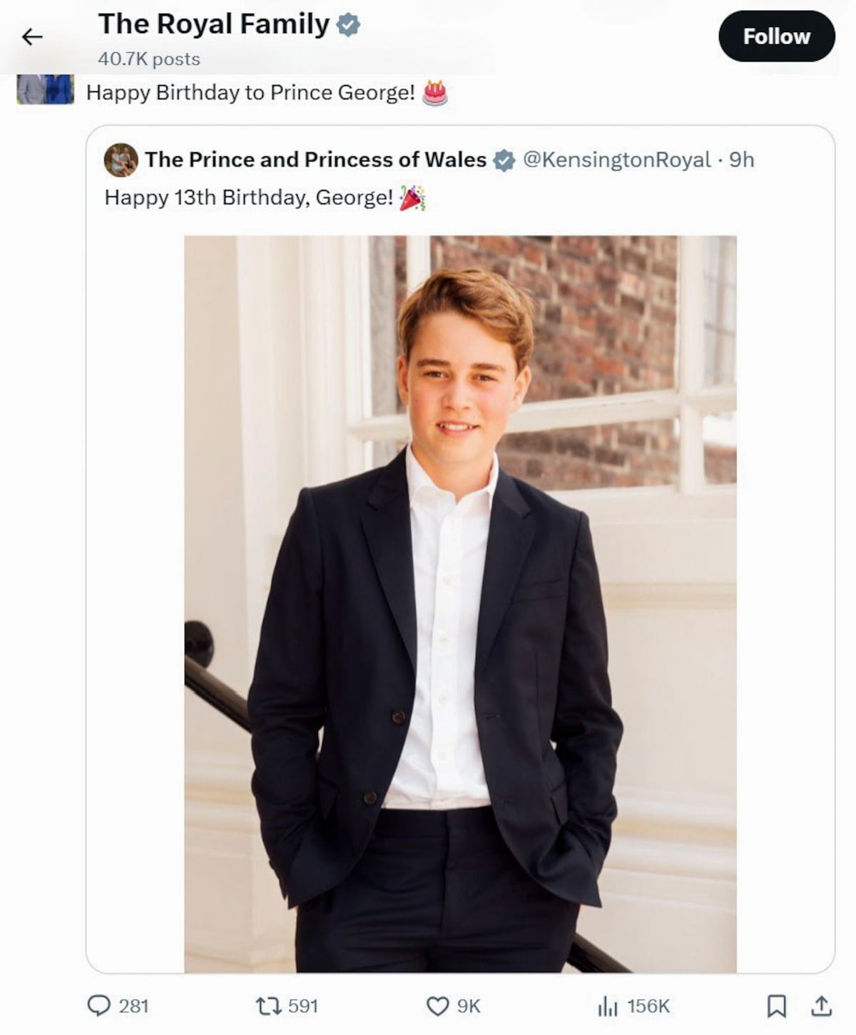 El príncipe George, nieto del rey Carlos III, cumple 13 años y la Casa Real publica su foto