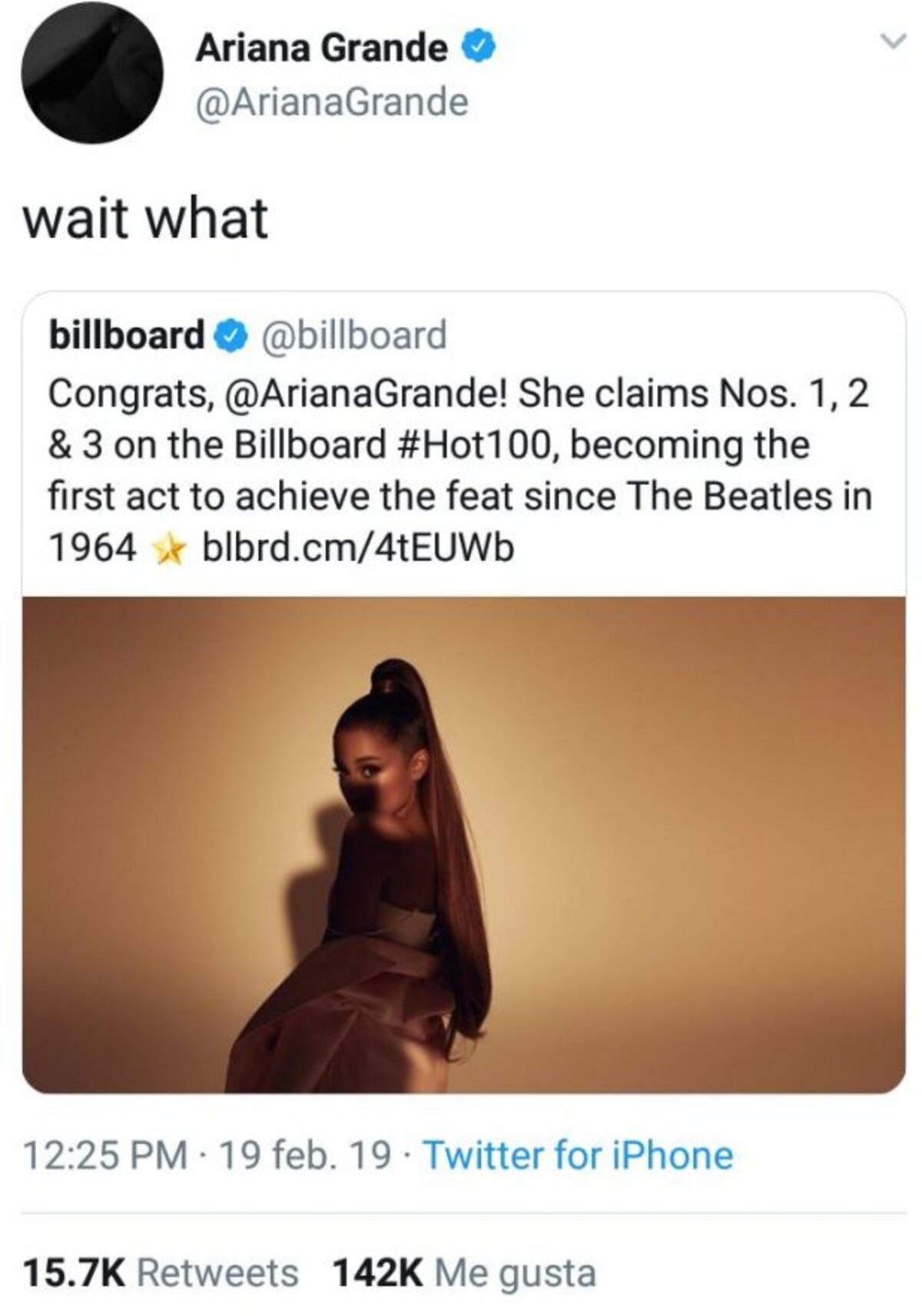 Nuevo récord coloca a Ariana Grande a la par de Los Beatles