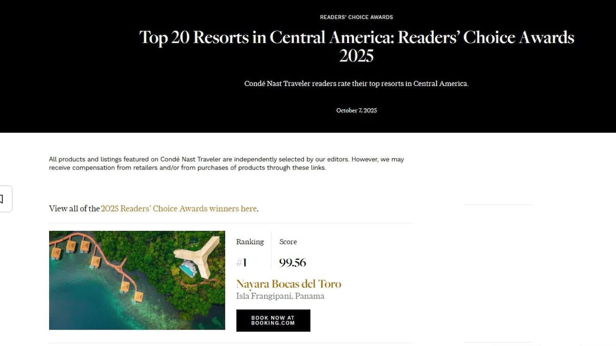 Resort en Bocas del Toro, entre los mejores de Centroamérica según el ranking Readers’ Choice Awards 2025