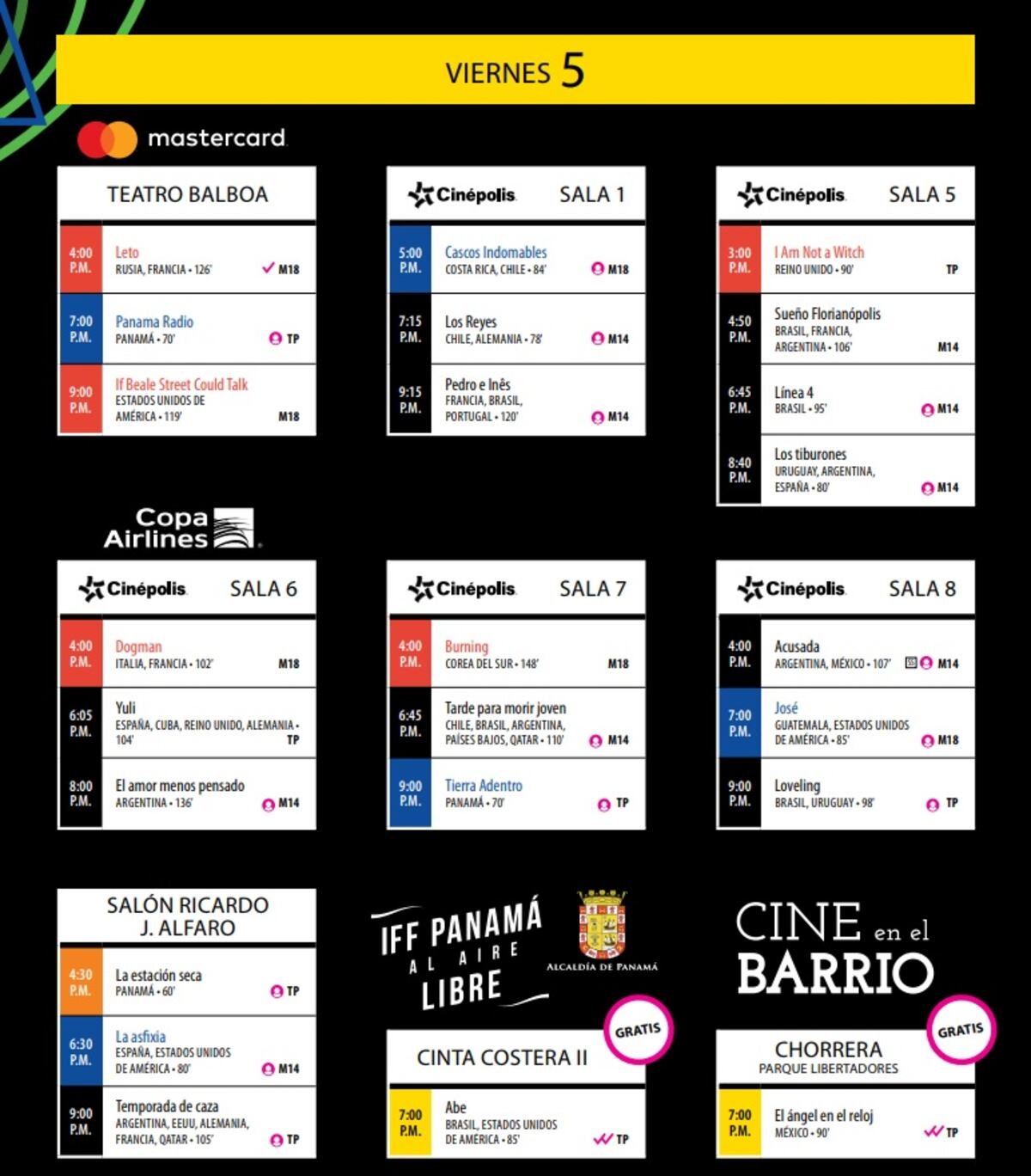 Cartelera de películas que se presentarán este viernes 5 de abril en el IFF Panamá