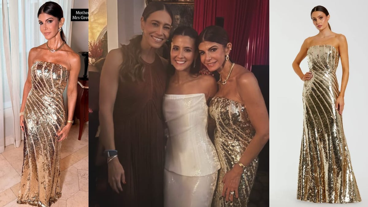 El vestido dorado de Gretel Morgan, mamá de Julianne Roux, para la boda civil de su hija