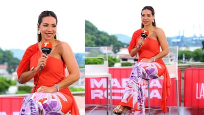 La periodista Nicolle Ferguson y su atuendo inspirado en El Valle de Antón para transmitir la convocatoria mundialista de Panamá