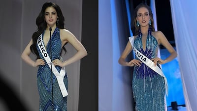 Miss México y Miss Bolivia en vestidos muy similares en una gala de Miss Universo