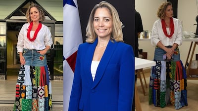 La falda de retazos, de diseño panameño, de la ministra de turismo, Gloria De León, que lució en un evento en Chiriquí