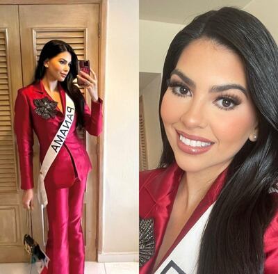 De rojo y llevando un broche de Santa Librada, así lució Natasha Vargas para su entrevista con el jurado de Miss Universo
