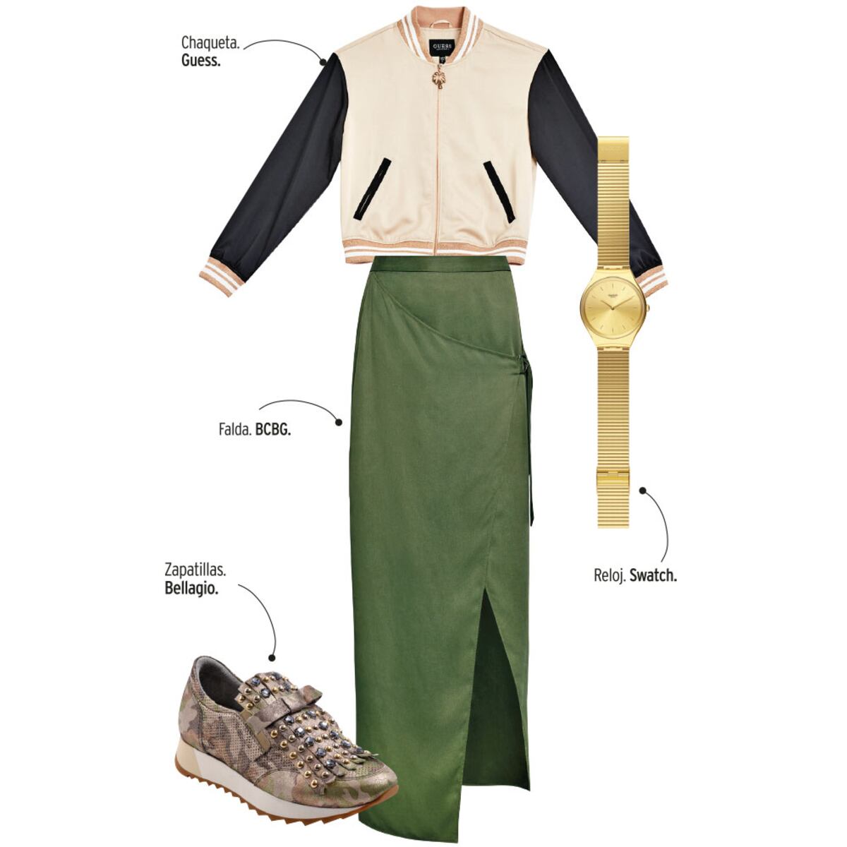 Cuatro atuendos con faldas y zapatillas