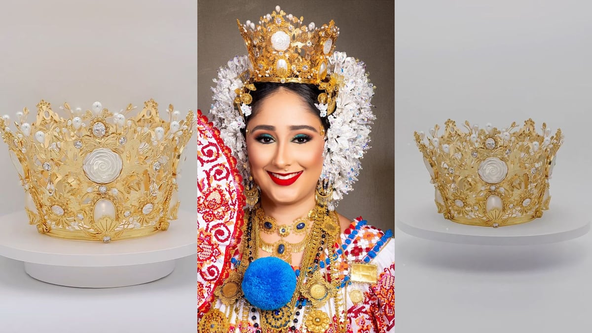 La corona de rosas talladas en nácar de Andrea Ruíz reina del Festival Nacional de la Pollera 2025