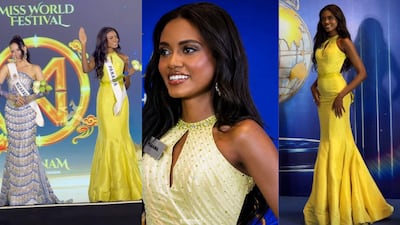 La miss panameña Madeleine Miller recibe la banda de Panamá en Miss Mundo 2026