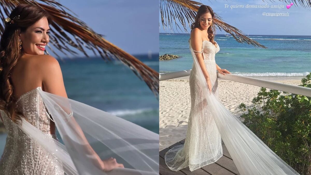 Transparencias y pedrerías: el vestido de novia de Cuqui Pretelt para su boda con Domil Leira en Aruba