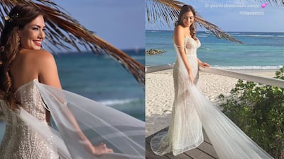 Transparencias y pedrerías: el vestido de novia de Cuqui Pretelt para su boda con Domil Leira en Aruba 