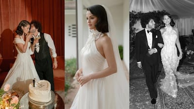 Encaje, satén y un guiño retro: los ‘looks’ nupciales de Selena Gómez
