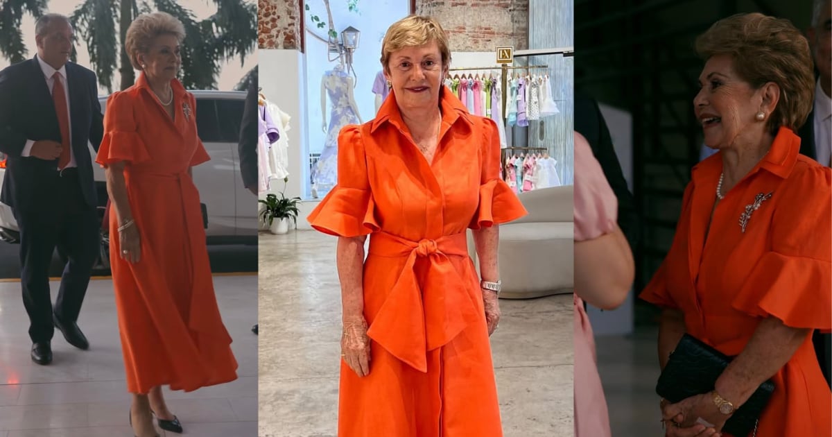 Hecho en Colombia: El vestido naranja de lino de la ex presidenta Mireya Moscoso para el estreno de su documental