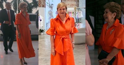 Hecho en Colombia: El vestido naranja de lino de la ex presidenta Mireya Moscoso para el estreno de su documental