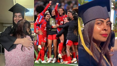 La futbolista panameña Laurie Batista, de la Selección de Panamá, celebra su graduación de la universidad