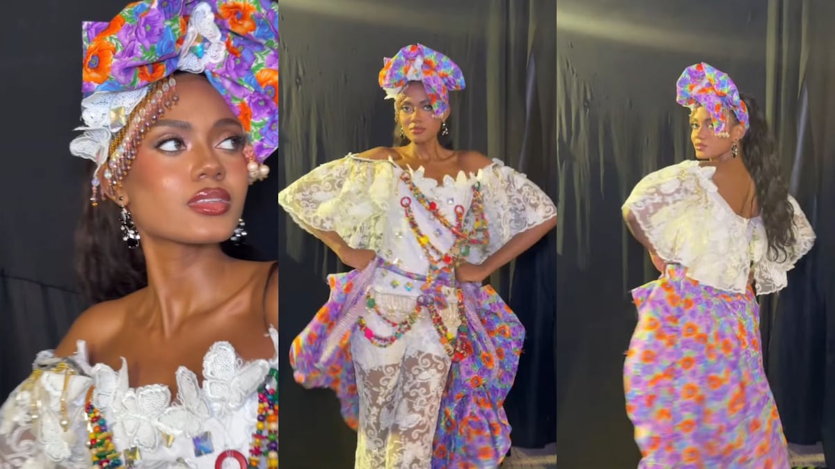 Madeline Miller, Miss Mundo Panamá, lleva un atuendo inspirado en la Pollera Darienita a la competencia ‘Danzas del Mundo’