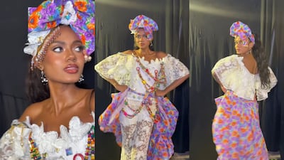 Madeline Miller, Miss Mundo Panamá, lleva un atuendo inspirado en la Pollera Darienita a la competencia ‘Danzas del Mundo’
