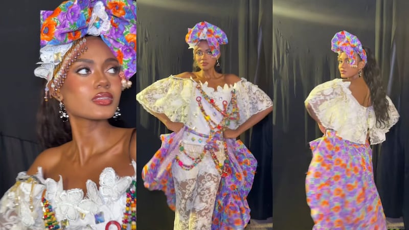 Madeline Miller, Miss Mundo Panamá, lleva un atuendo inspirado en la Pollera Darienita a la competencia ‘Danzas del Mundo’