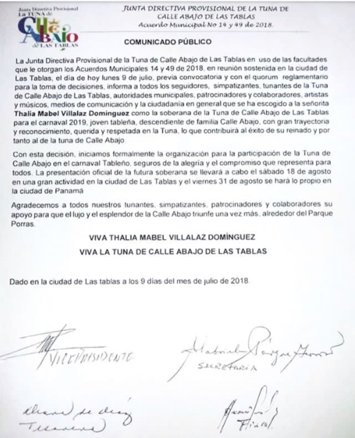 Calle Abajo de Las Tablas tiene una sola reina para 2019