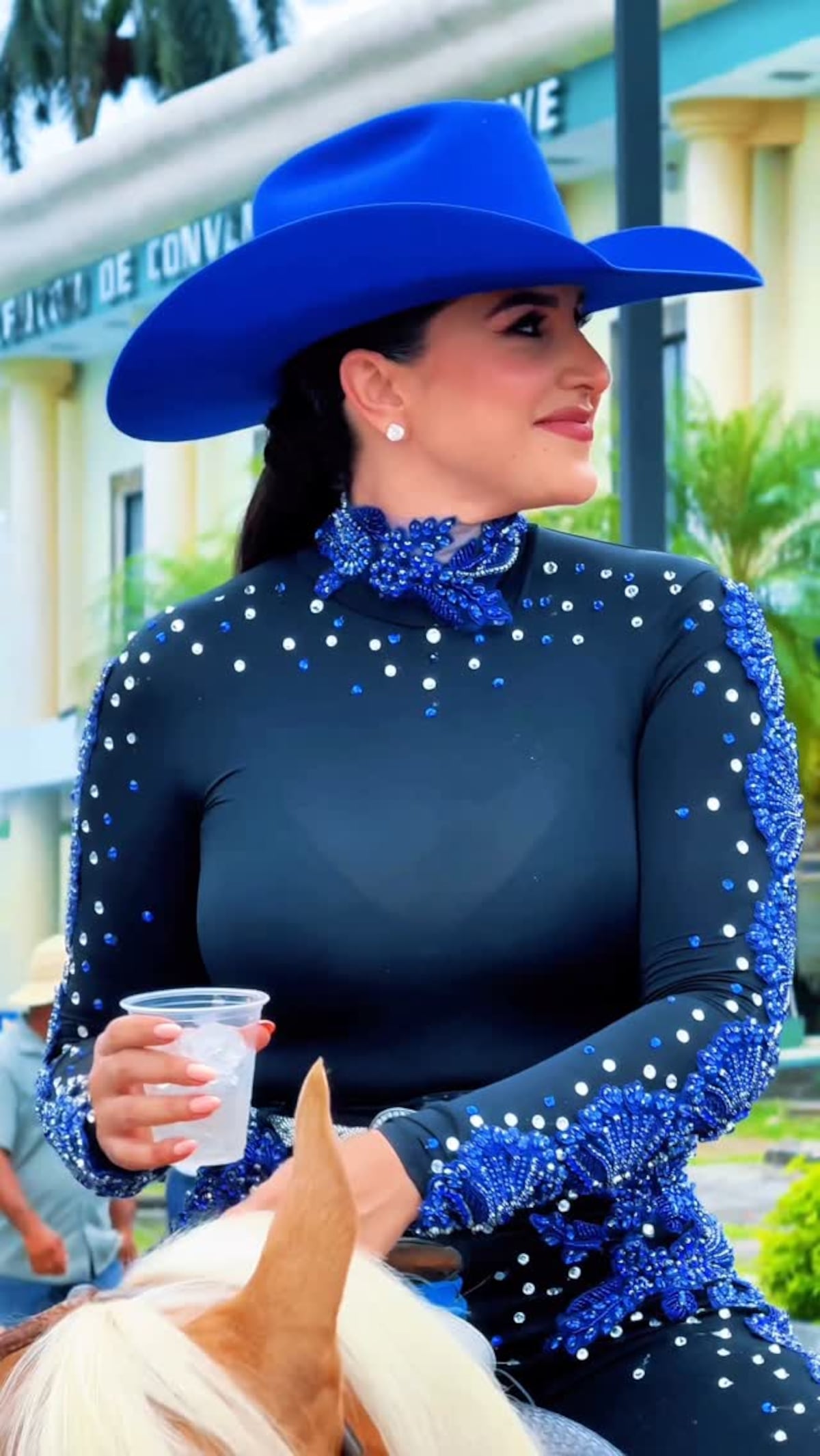 Katleen Levy y su atuendo con 500 cristales que lució para una cabalgata en las patronales de Santiago