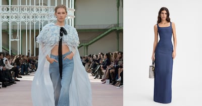 El denim, la tradicional tela de los pantalones vaqueros, se sofistica con seda y perlas