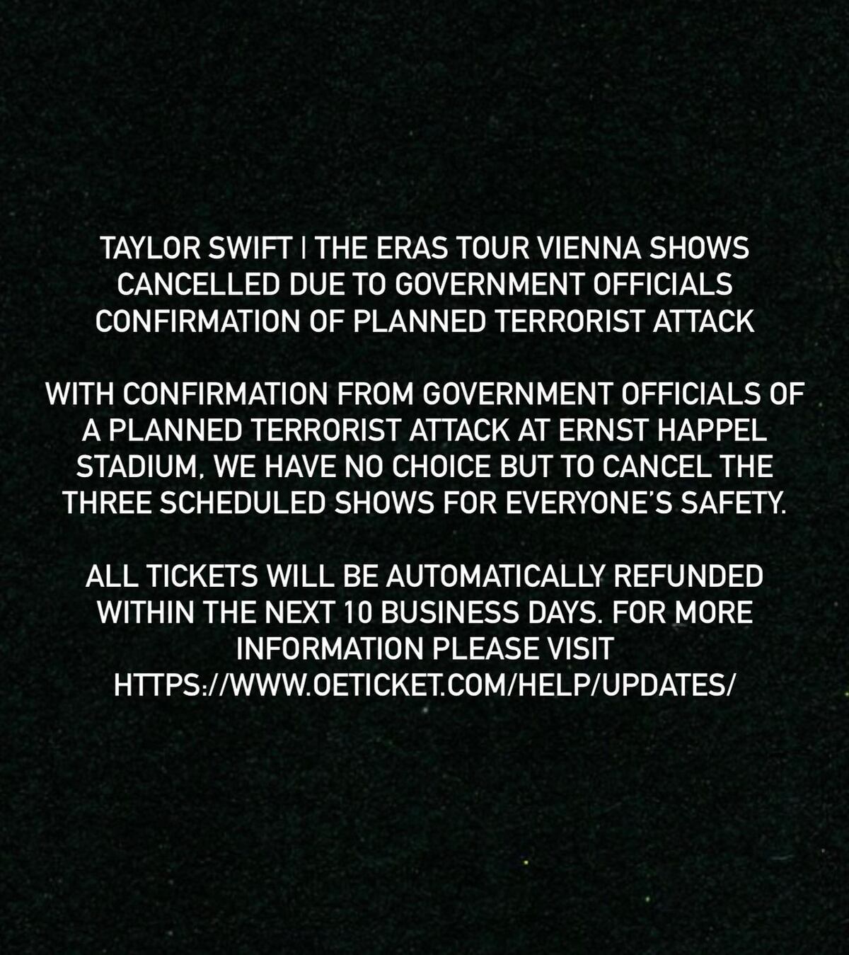 Cancelan conciertos de Taylor Swift en Viena tras confirmar ataque terrorista planeado