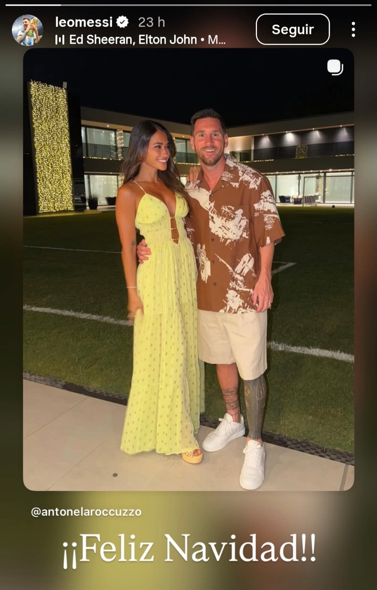 El vestido amarillo de Antonela Roccuzzo en Navidad y el ‘look’ en bermuda de su esposo Lionel Messi
