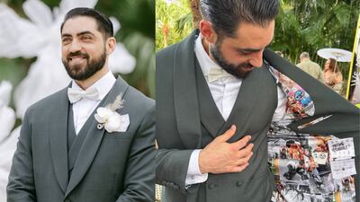 El novio que llevó un tierno collage con fotos de su novia en el esmoquin de su boda en Panamá