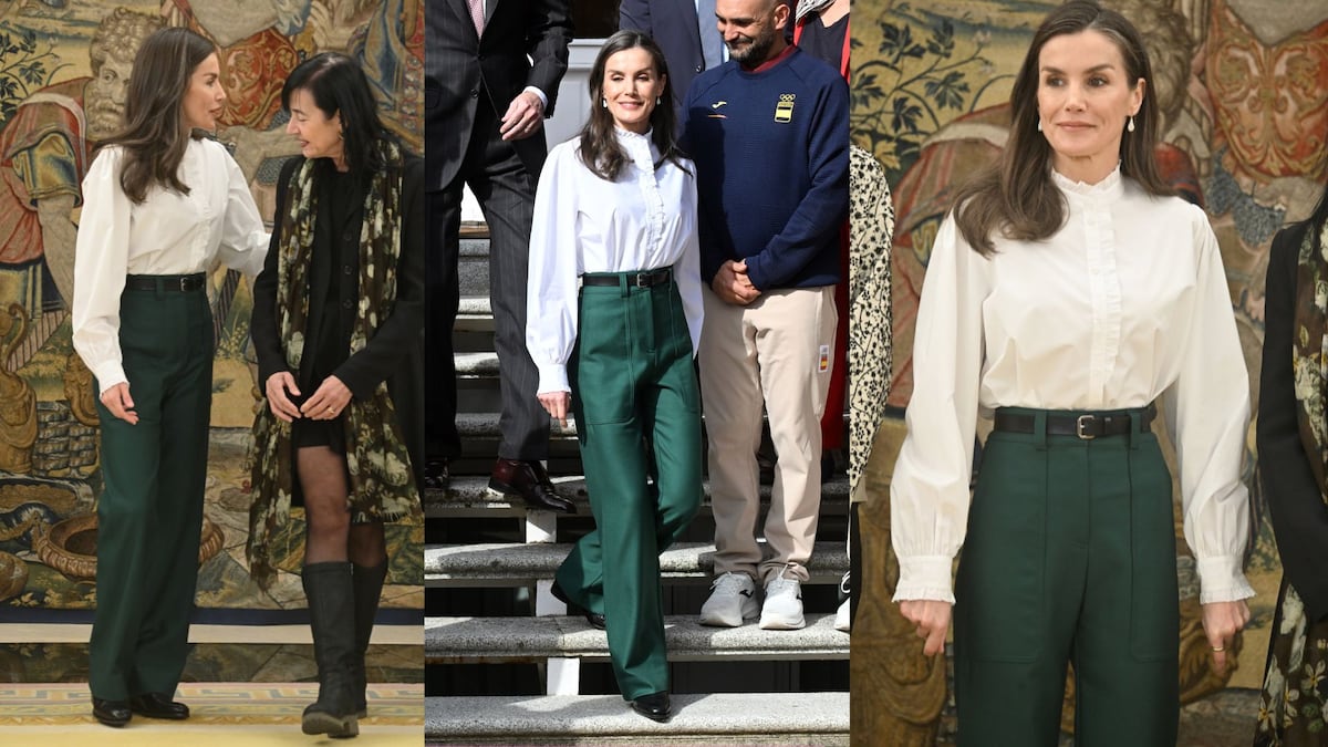 El ‘look’ ‘working girl’ de la reina Letizia de España: blusa blanca y pantalón verde de talle alto 