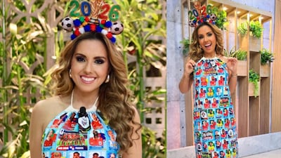 Michelle Simons apuesta por un vestido inspirado en el álbum Panini para el inicio del Mundial 2026
