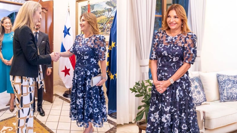 El vestido azul bordado que Maricel de Mulino llevó en la recepción de la infanta Elena en Panamá