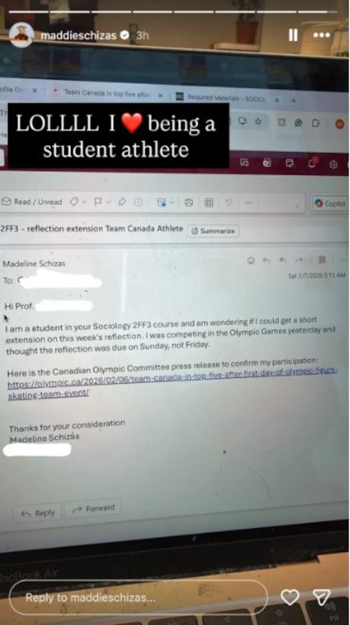 Madeline Schizas, la patinadora canadiense que olvidó entregar una tarea universitaria durante los Juegos Olímpicos de Invierno
