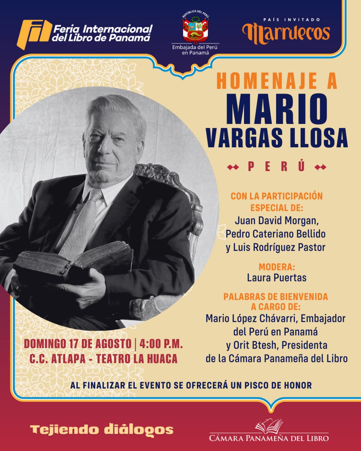 Embajada de Perú en Panamá le rendirá homenaje a Mario Vargas Llosa durante la Feria Internacional del Libro de Panamá 