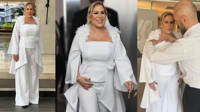 El conjunto blanco de la diputada Shirley Castañedas, confeccionado por un diseñador tableño y con aplicaciones de Swarovski